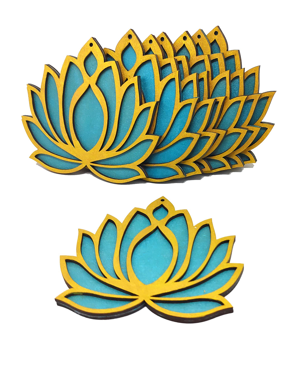 Wooden Lotus Cutouts – Set of 6, Golden & Ocean Blue
