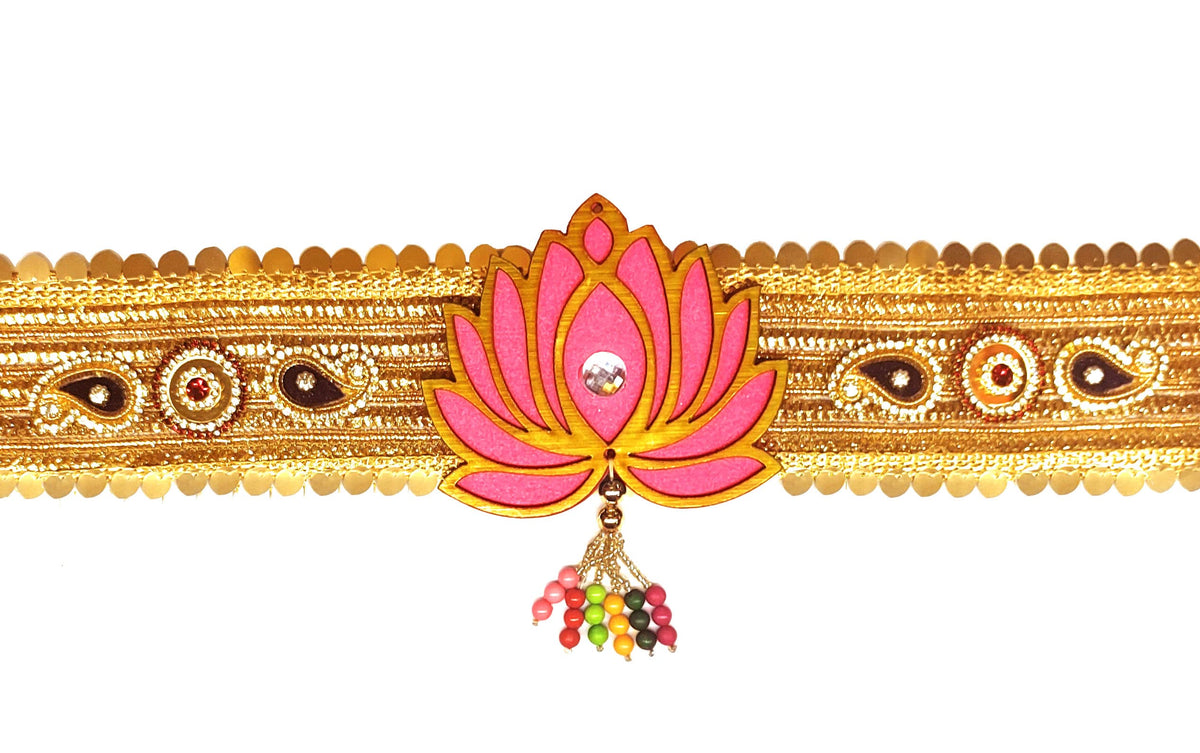 Lotus Toran – 38 Inch, Pink & Golden, Cloth & Wood