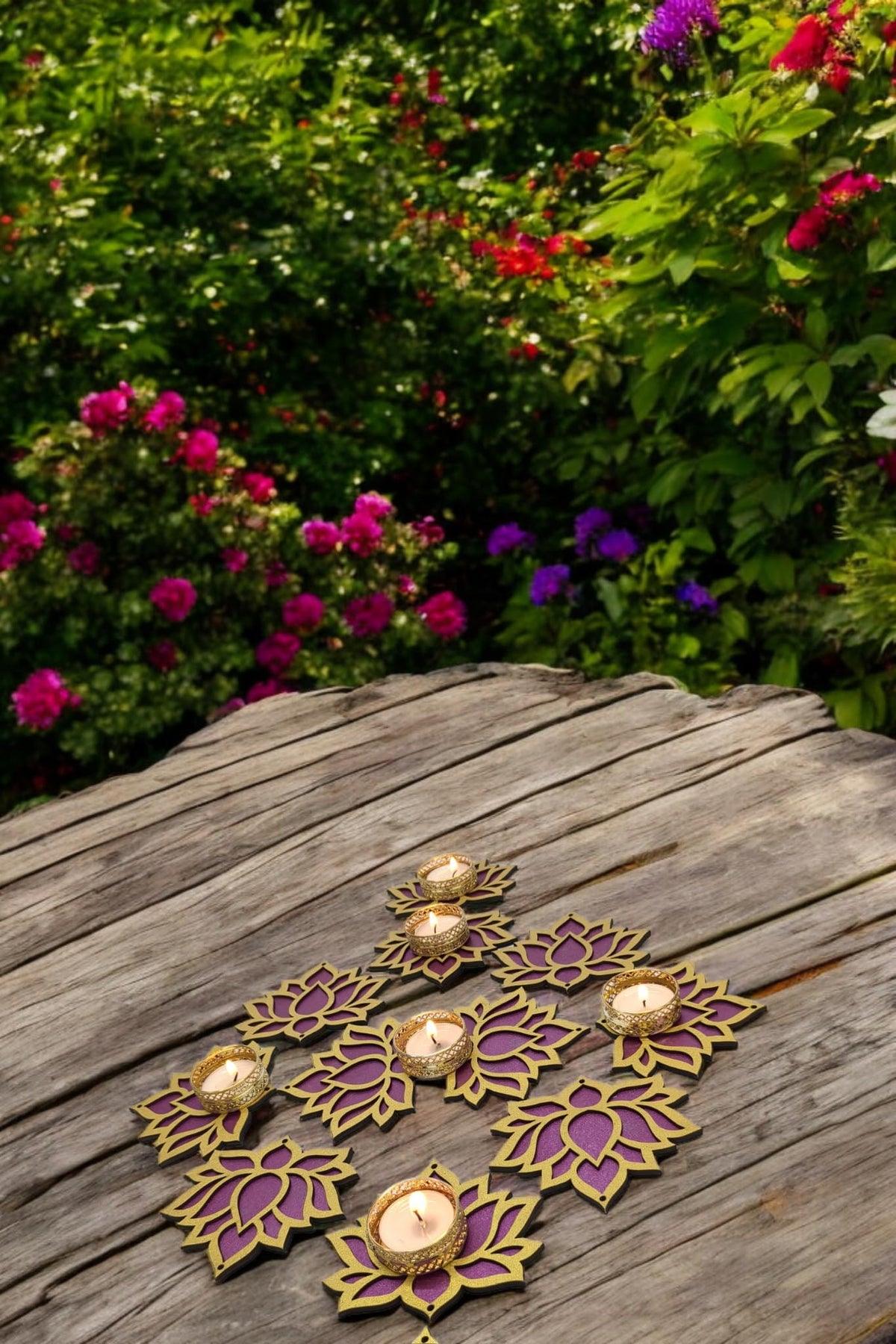 Wooden Lotus Cutouts – Set of 12, Golden & Purple