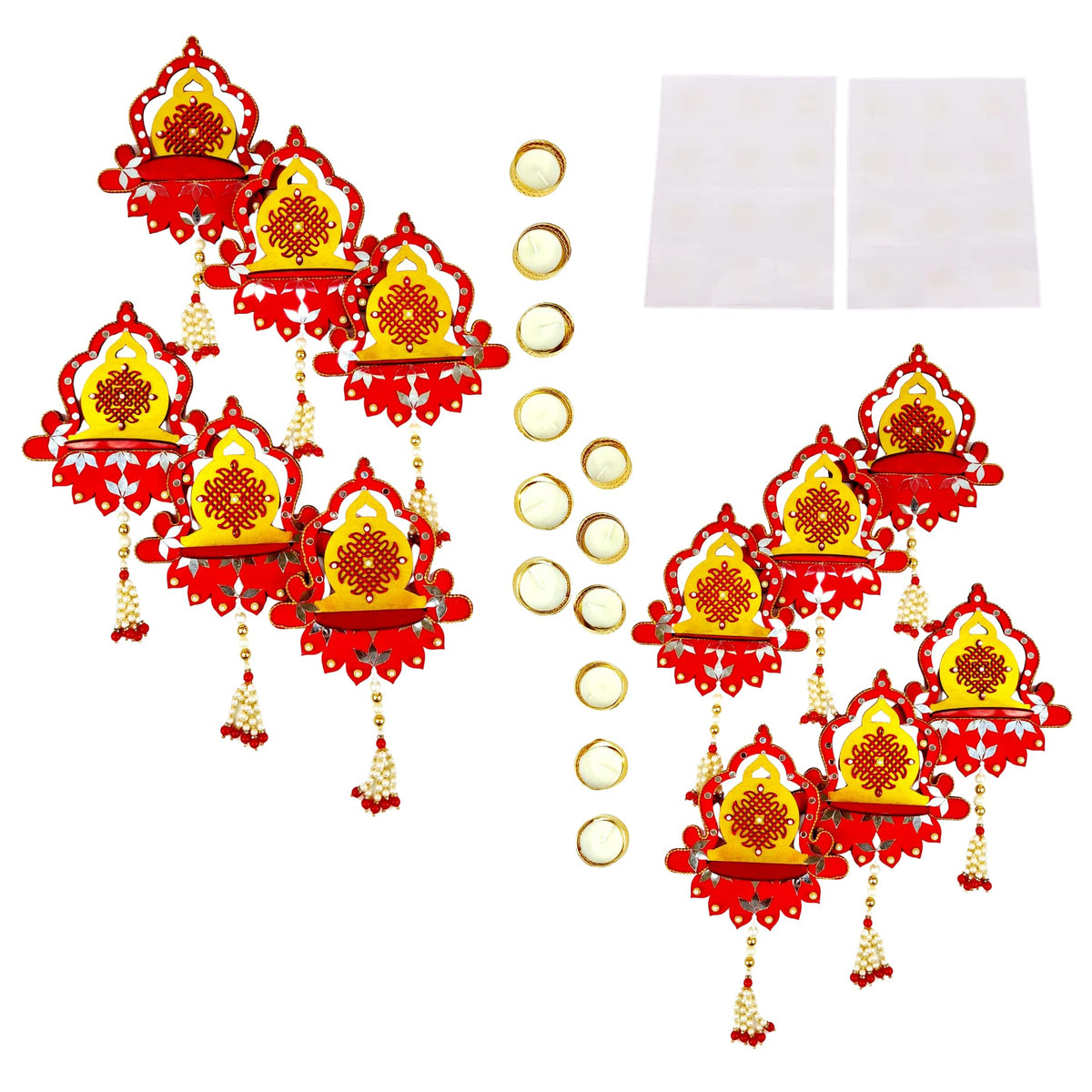 Hand-Painted Diya Jharokha – Red & Yellow, Mirror Work & Pearl Hanging