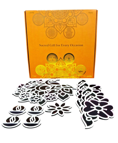 Floating Rangoli Set of 10 – 11-Inch Peacock, 9-Inch Borders, 2.5-Inch Diyas & 4-Inch Flower
