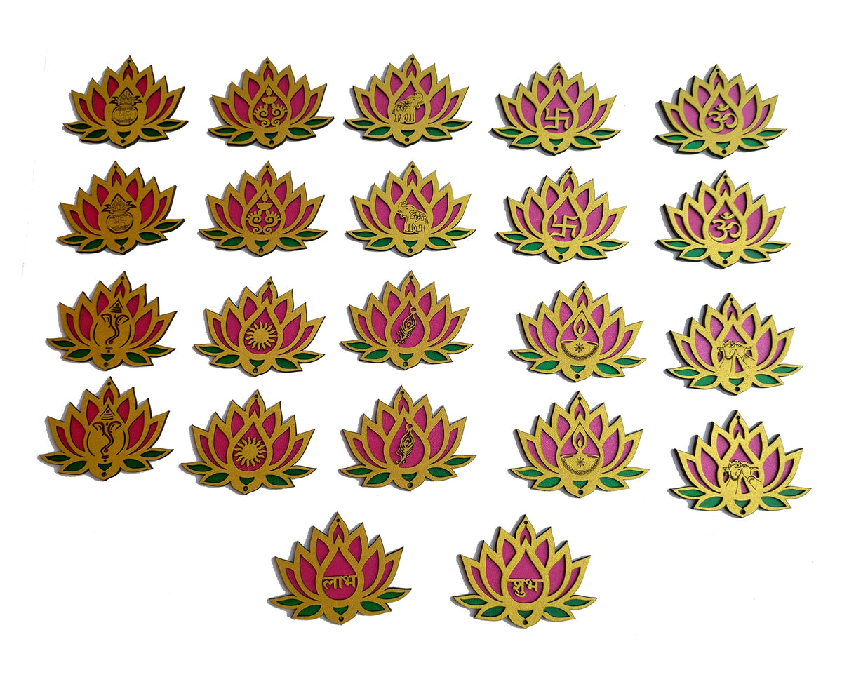 Designer Lotus Décor – Set of 22, 4 Inch, Pink, Green & Golden