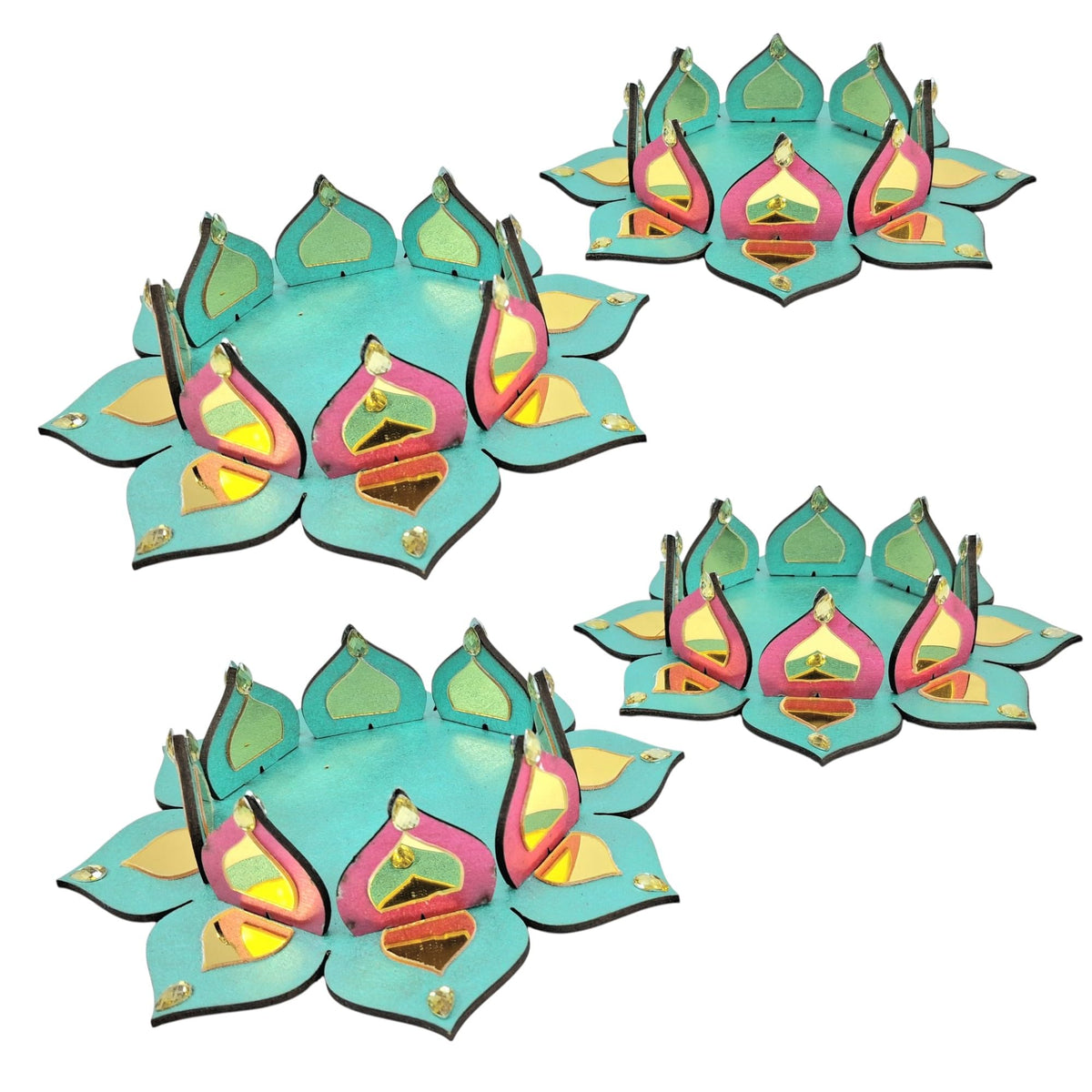 Reversible Wooden Lotus Tealight Holders with Mirror Work – Set of 2