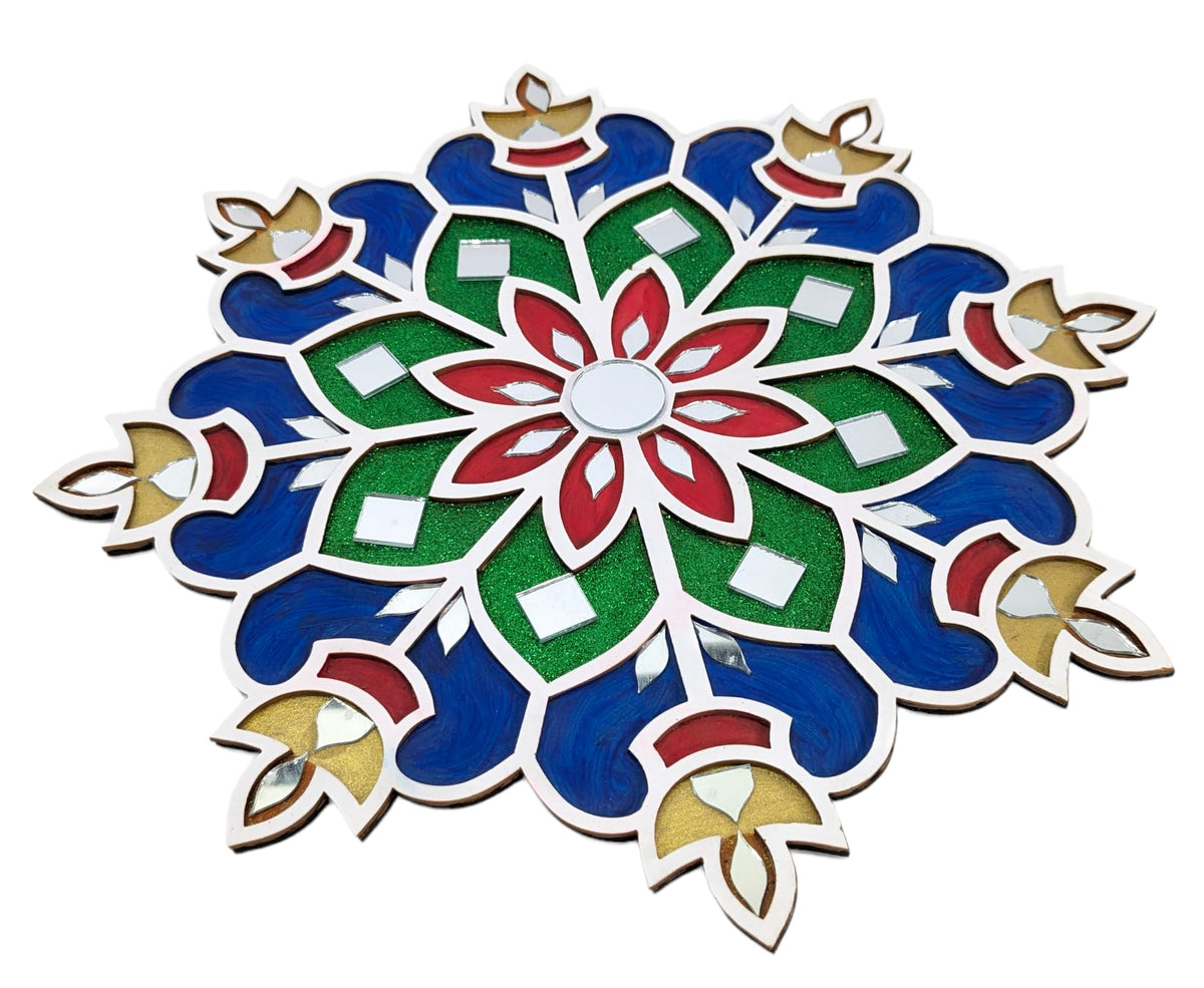 Ready-to-Use Wooden Rangoli Mat with Mirror Work – Design A, 11.5 Inch