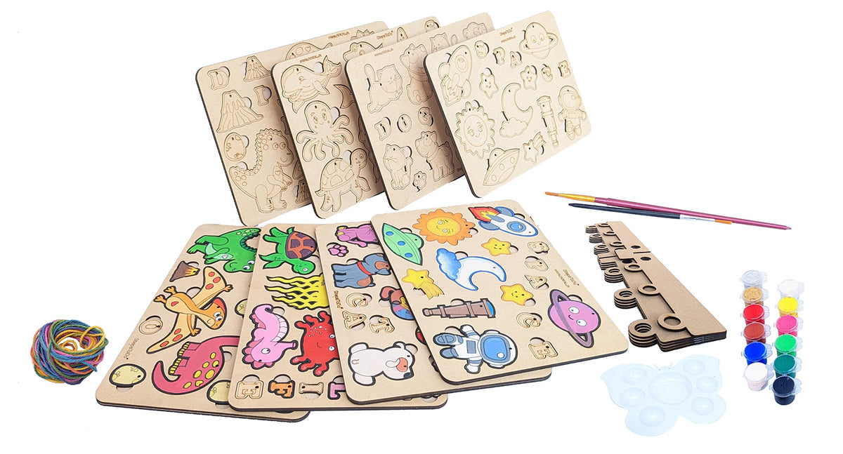 Wooden Painting & Puzzle Kit – 4 Boards: Pets, Sea Life, Dinosaurs & Space