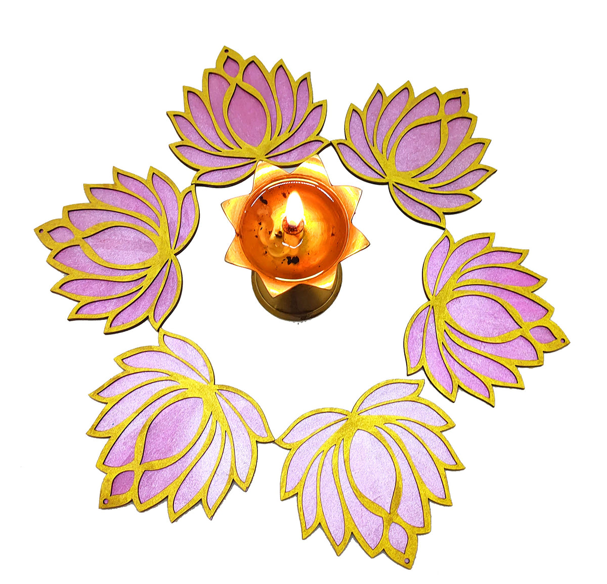 Wooden Lotus Cutouts – Set of 6, Golden & Rose Pink
