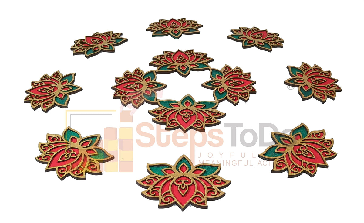 Designer Wooden Lotus Rangoli Cutouts – Golden, Red & Green