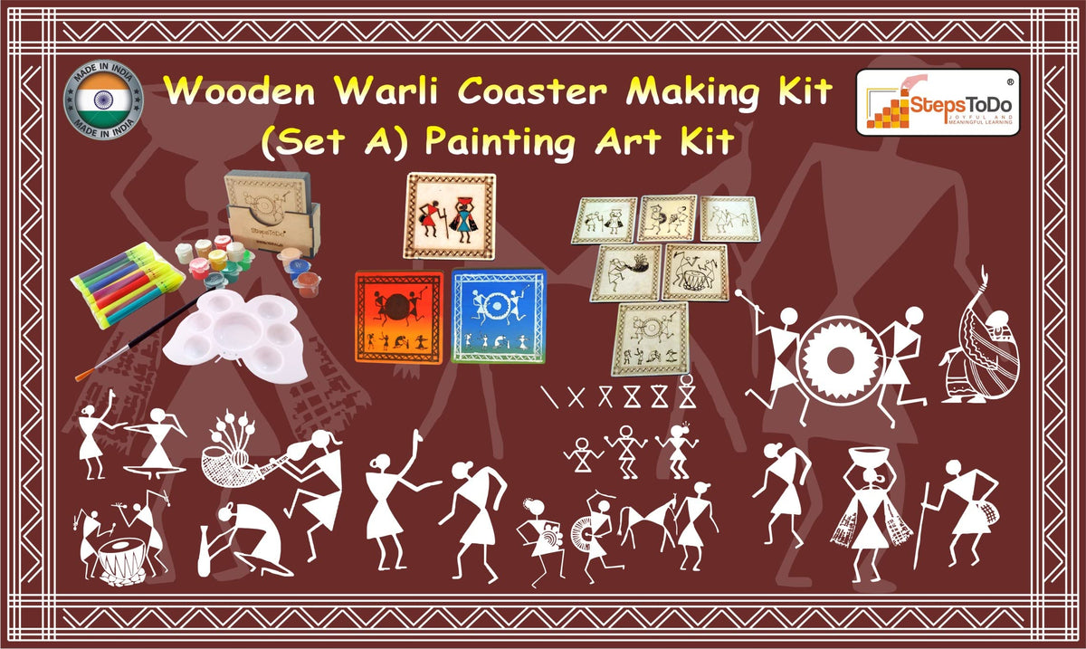 Warli Coaster Painting Kit A – 6 × 4-Inch Bases, Case, Pens & Paints