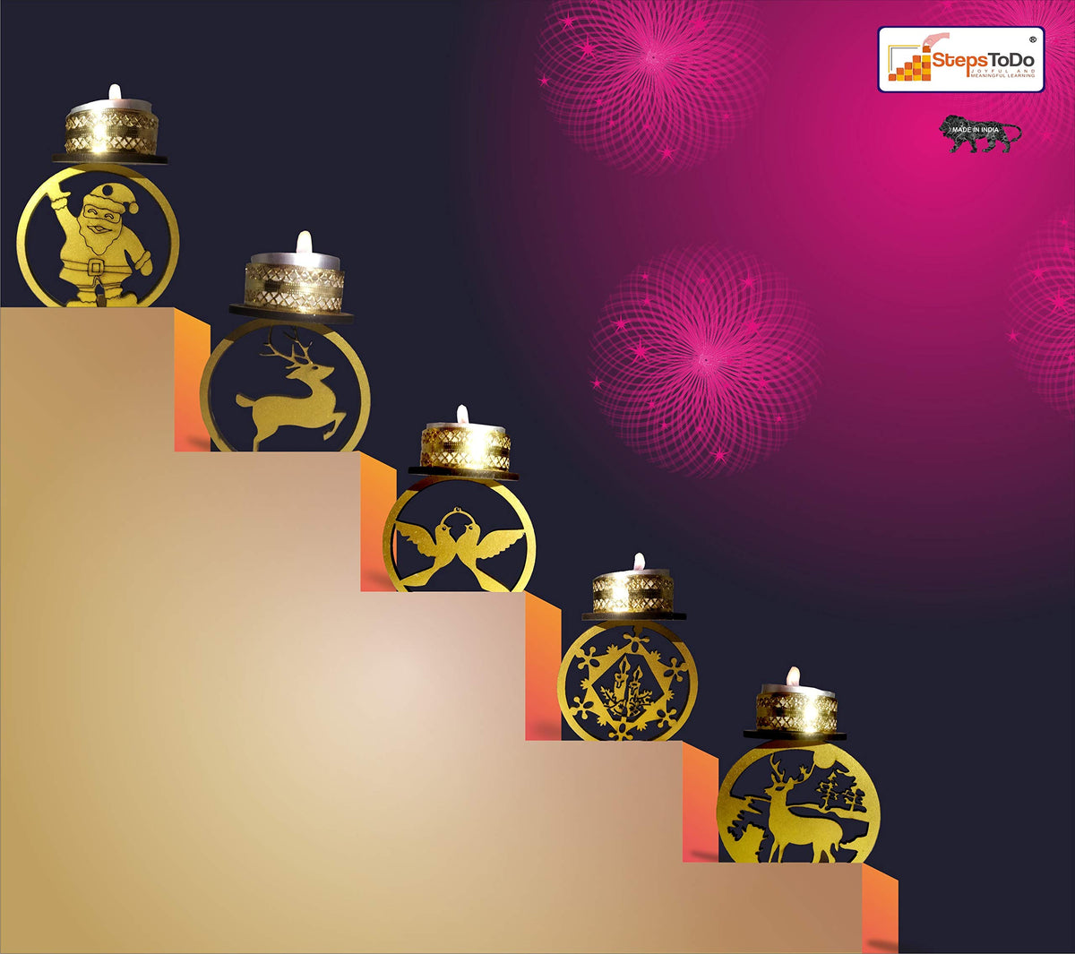 Christmas Candle Decoration Set D – 12 Candles with Stand, Gold/Silver