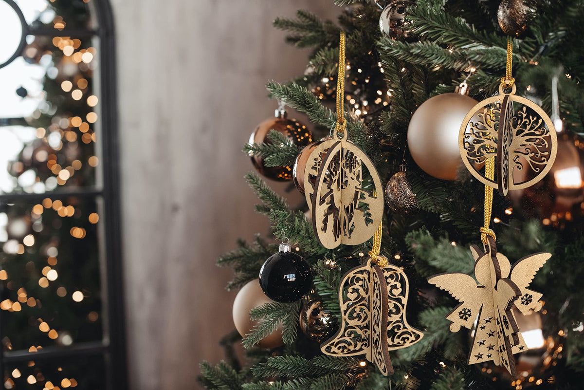 3D Wooden Christmas Ornaments – Set of 16