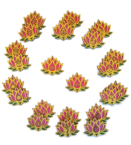 StepsToDo Ultimate Set of 22 Designer Lotus. Artistic Handicraft. Wall Hanging. Floor Rangoli. Reusable Festive Home Decor for Diwali Navratri Pooja. Big 4 inch Size (Pink-Green-Golden)
