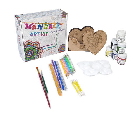StepsToDo Wooden Dot Mandalas Paint Kit Mandal Art Kit Heart Shaped Tea Coaster Set of 6 (4 inch) with Coaster Holder, 10 Dot Tools, Acrylic Colours, Brush and Paiting Dish (Kit G)