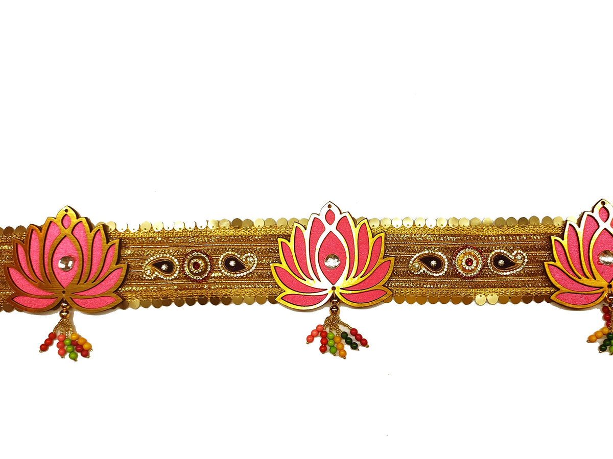 Lotus Toran – 38 Inch, Pink & Golden, Cloth & Wood