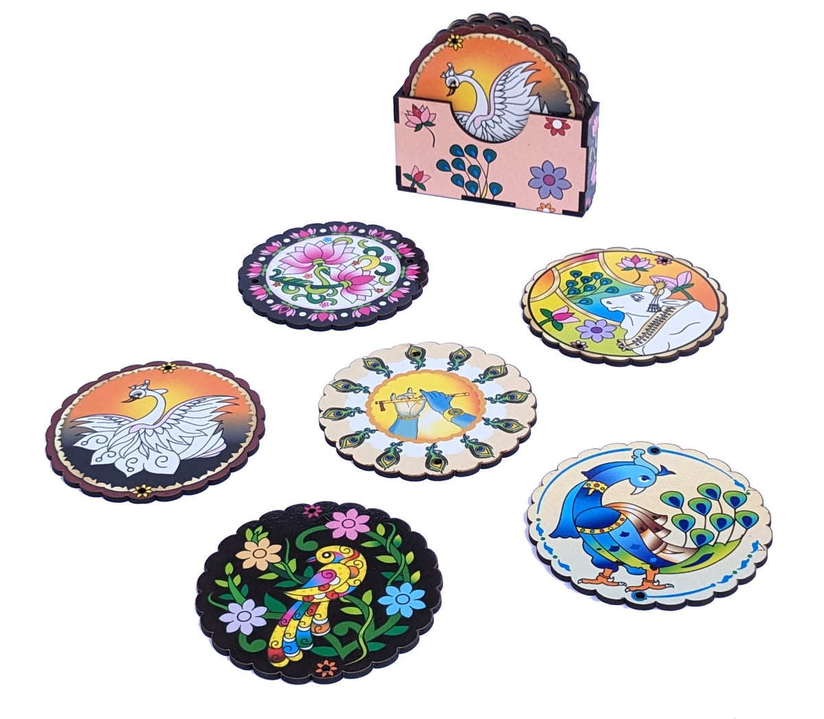 Pichwai Art Printed Wooden Coasters with Holder – Set of 6