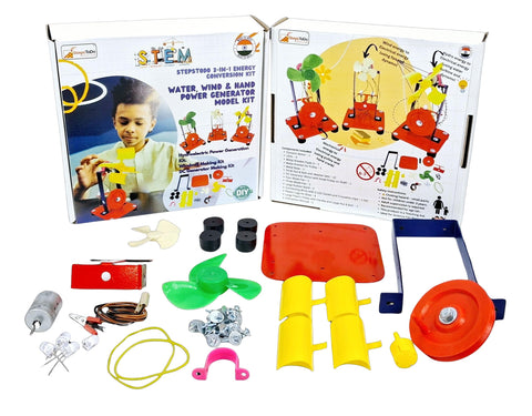 StepsToDo 3-in-1 Energy Conversion STEM Kit | Generate Electricity Using Water, Wind & Motion | DIY Science Kit with Generator, Turbine, Windmill, Hydroelectric Model
