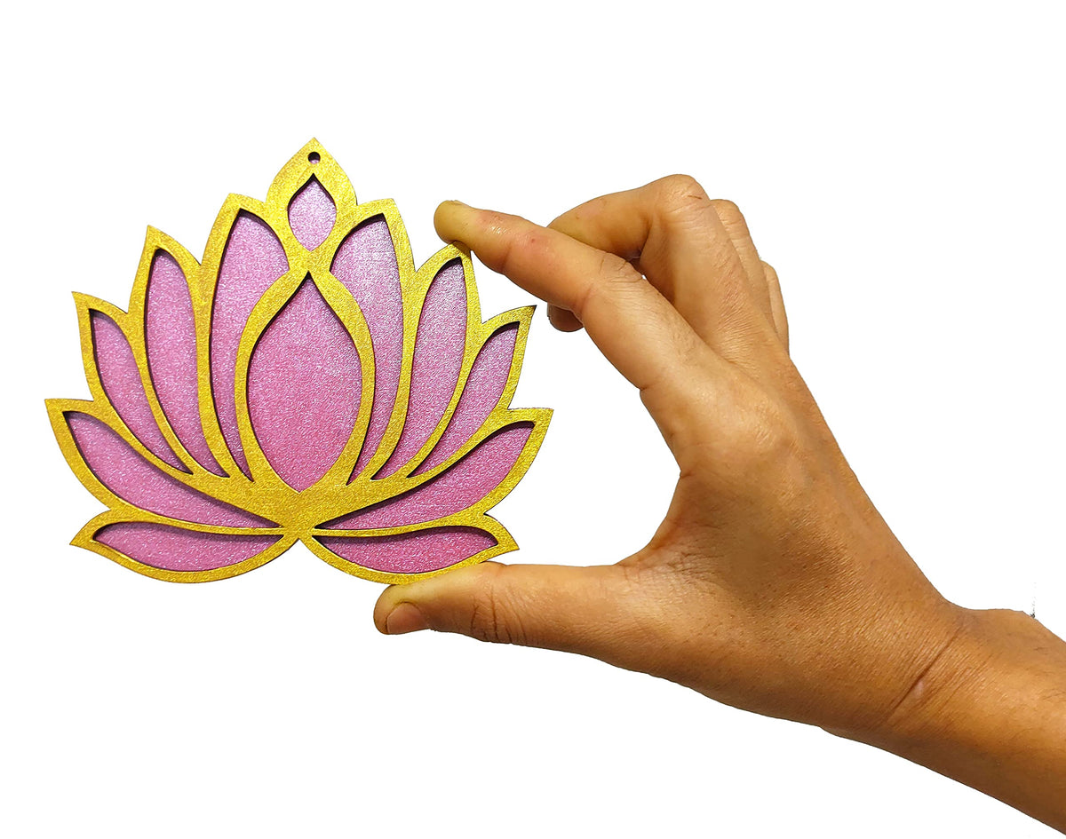 Set of 6 wooden lotus cutouts in golden and rose pink