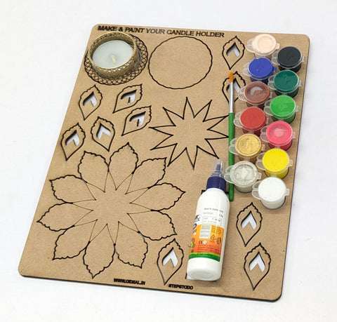 DIY Wooden Tealight Holder Painting Kit – 12 Colours, Brush & Golden Candle