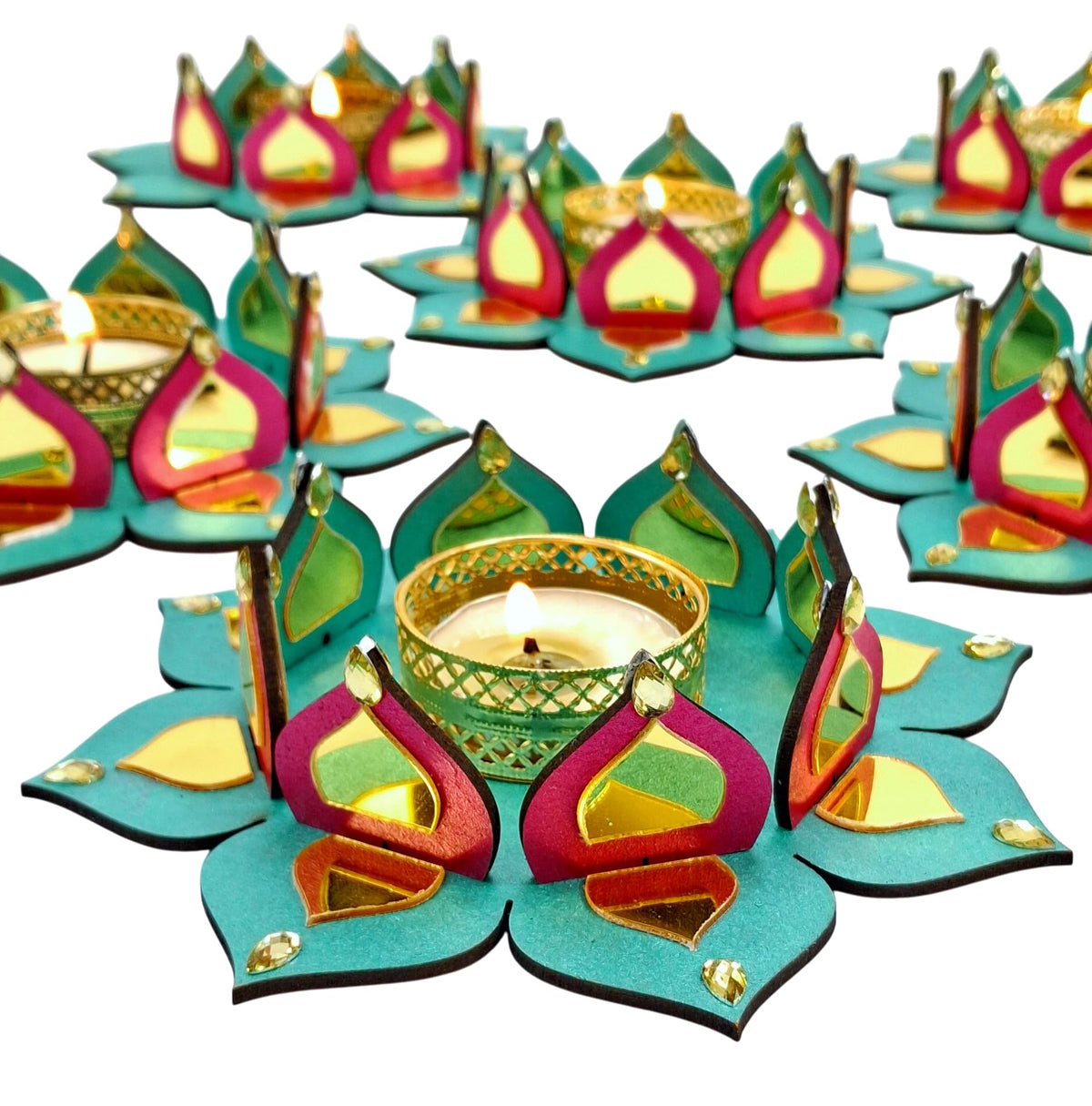 Reversible Wooden Lotus Tealight Holders with Mirror Work – Set of 2
