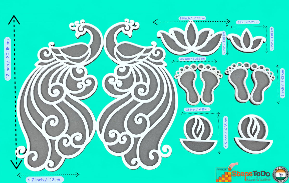 Floating Rangoli Set of 8 – Peacocks, Lotus, Diyas & Laxmi Foot Mats (Reusable)