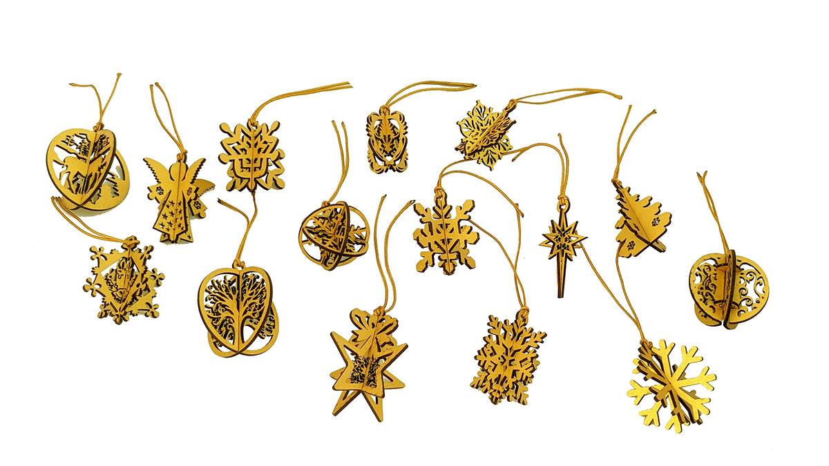 3D Wooden Christmas Ornaments – Set of 16