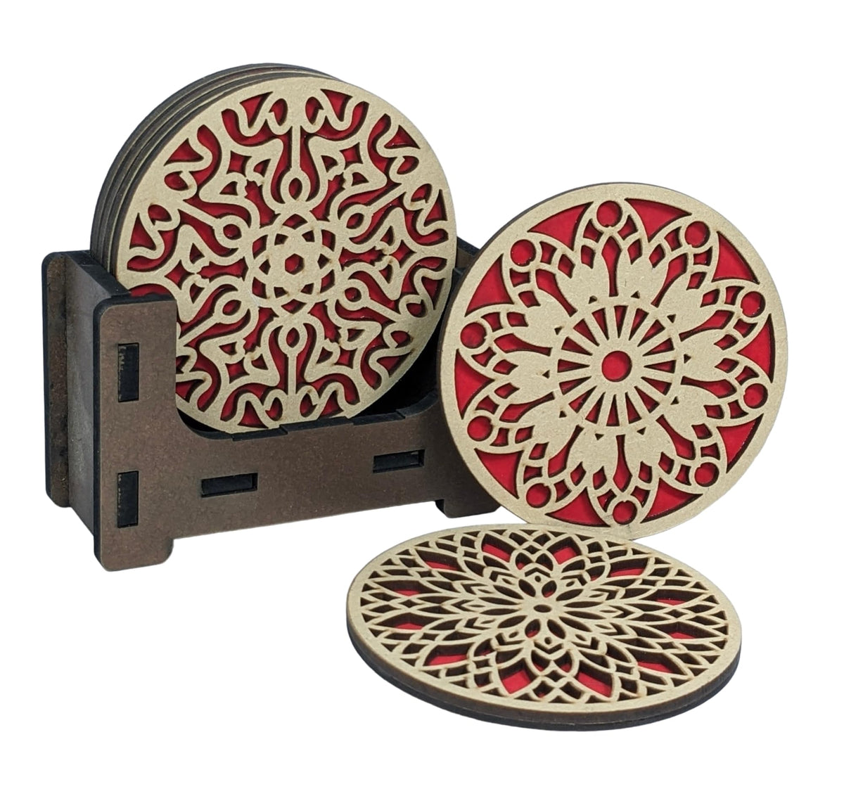 Double-Layer Geometric Mandala Wooden Coasters with Holder – Set of 6