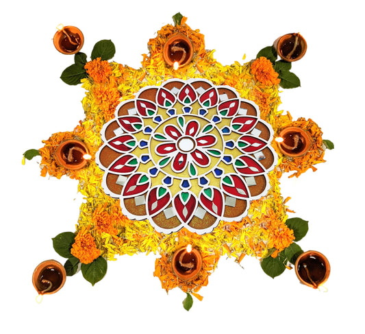 Ready-to-use wooden rangoli mat with mirror work, Design A1 or B
