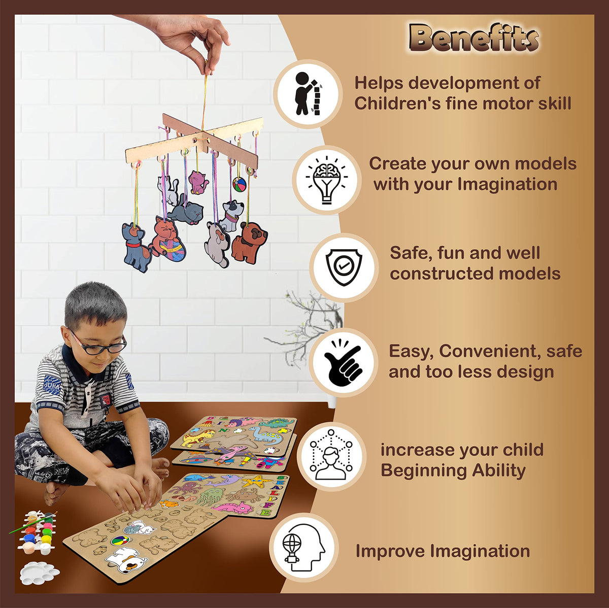 Wooden Painting & Puzzle Kit – 4 Boards: Pets, Sea Life, Dinosaurs & Space
