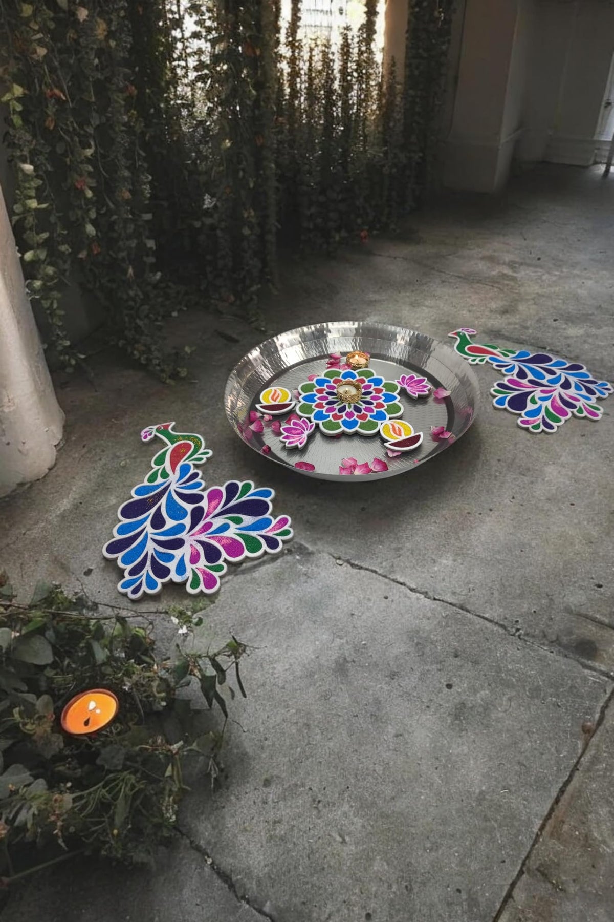 Peacock & Mandala Floating Rangoli – 9 Pieces with Lotus, Diya & Laxmi Paduka