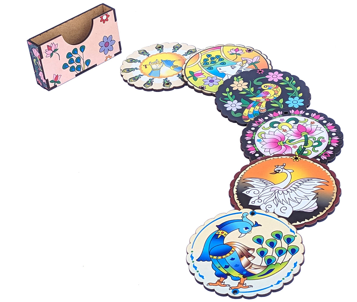 Pichwai Art Printed Wooden Coasters with Holder – Set of 6