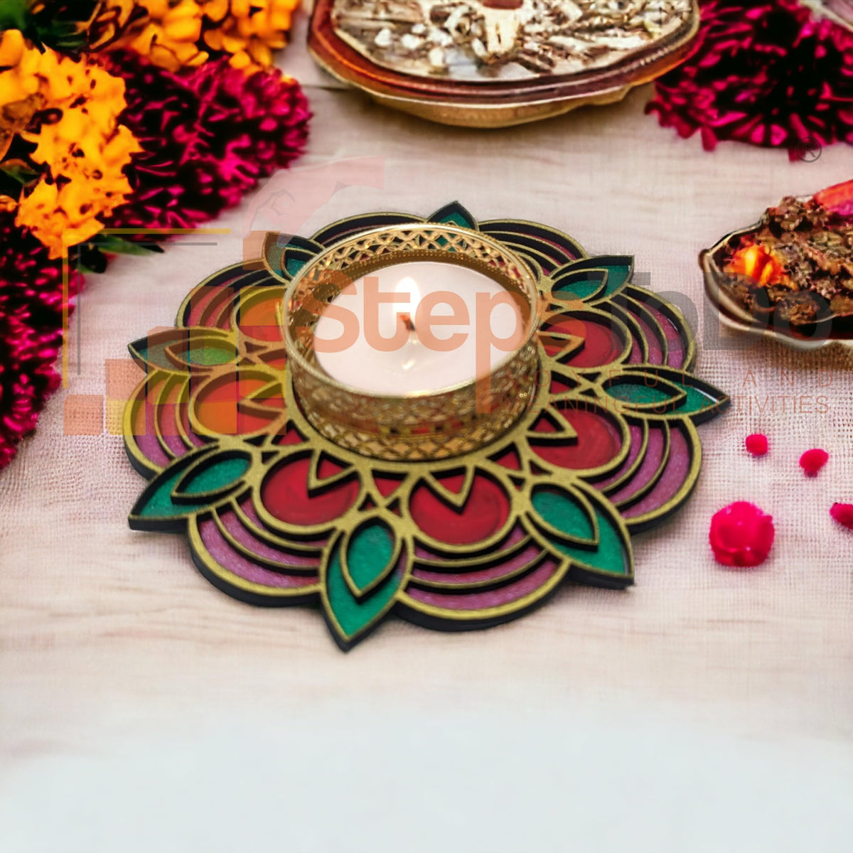 Hand-Painted Wooden Tealight Holder (Diya Stand) – Type 2, 4 Inch