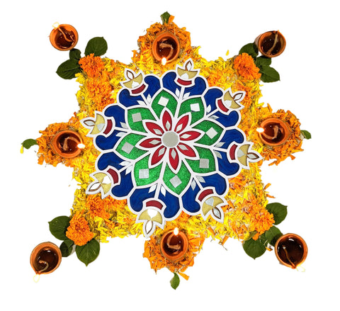 Ready-to-Use Wooden Rangoli Mat with Mirror Work – Design A, 11.5 Inch