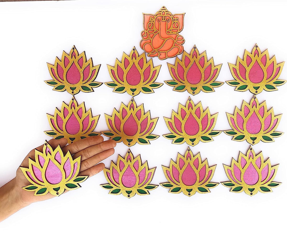 Wooden Lotus Cutouts – Set of 12, Golden with Choice of Colour