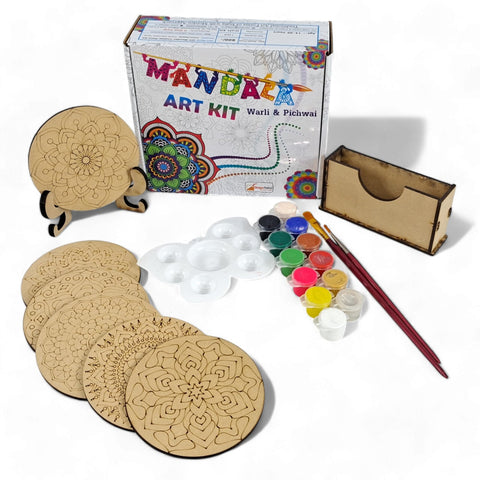 StepsToDo Mandala Painting Kit – Tea Coaster Art Craft Set | 6 Circular Bases (4 Inch) with Storage Case, Colours, Brush & Dish