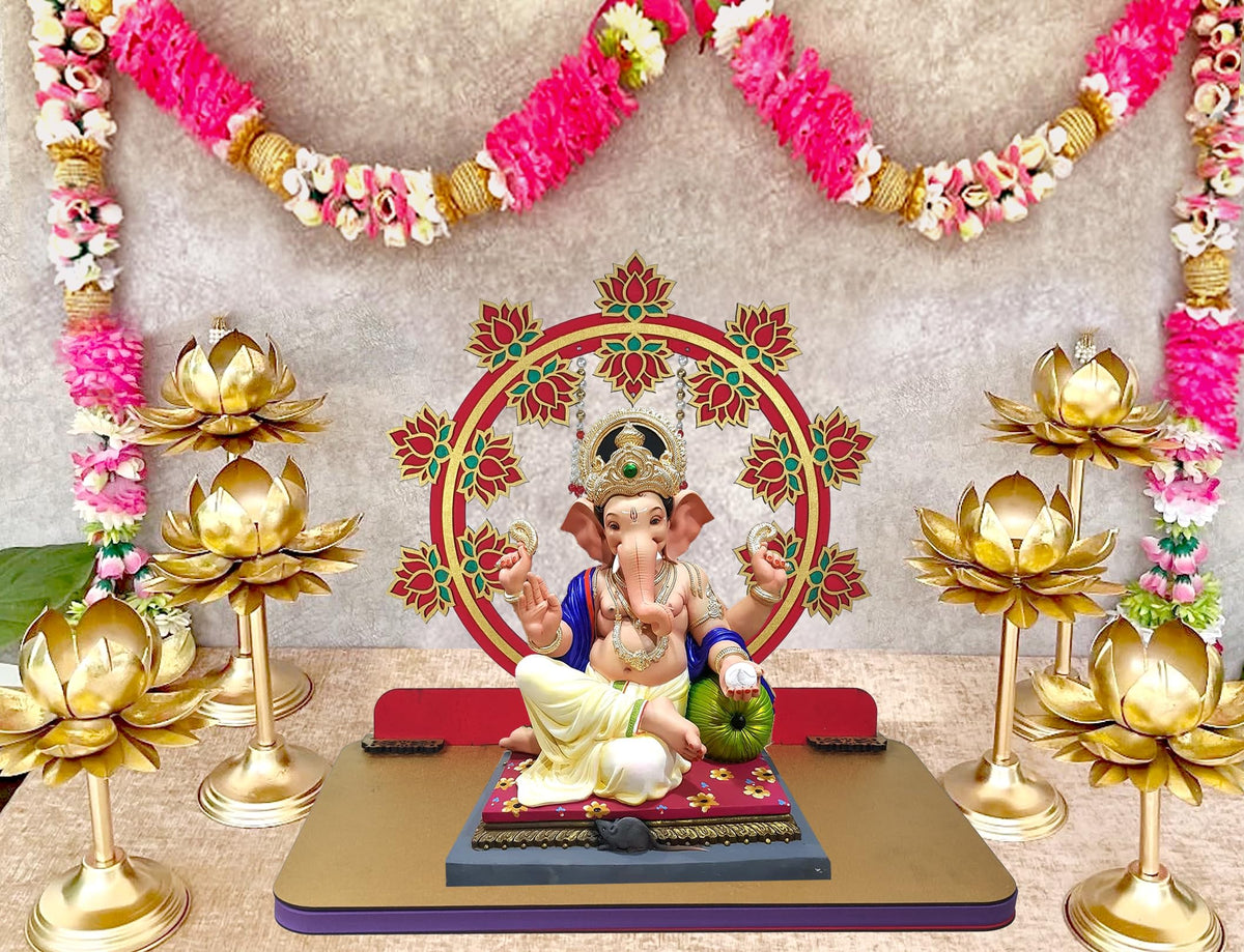 Foldable Wooden Ganpati Makhar with 6 Lotus Pieces – Easy Assembly