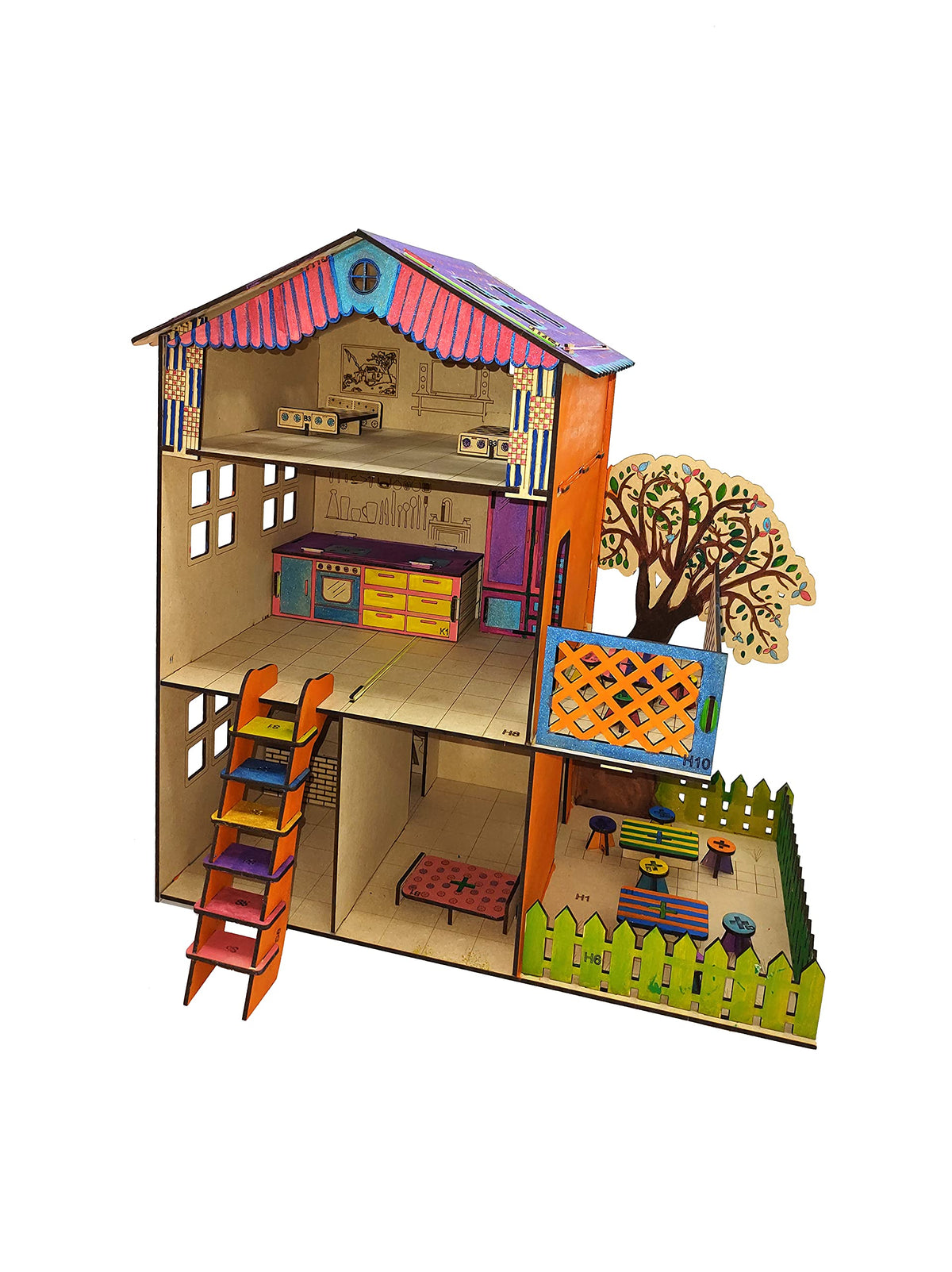 Wooden Dollhouse & Furniture Build-and-Paint Kit – 18 × 18 Inch, No Glue