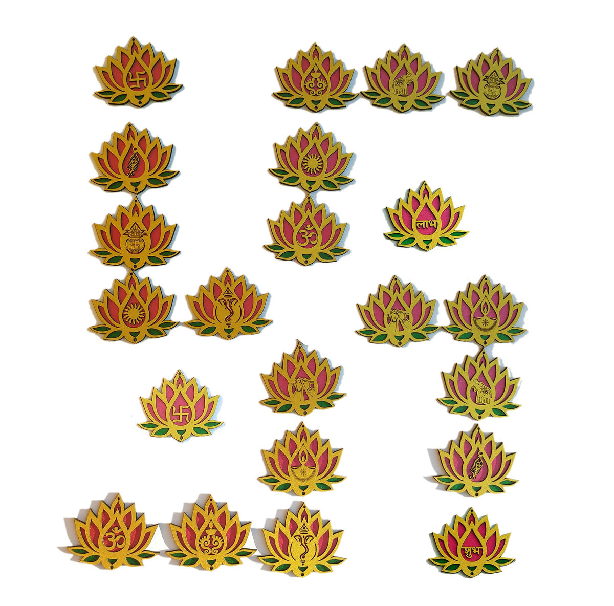 Designer Lotus Décor – Set of 22, 4 Inch, Pink, Green & Golden