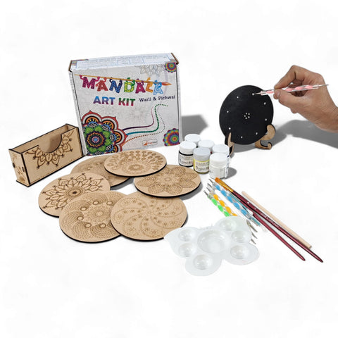 StepsToDo Wooden Dot Mandalas Paint Kit F. Tea Coaster Set. Mandal Art. Set of 6 of Wooden Circular Base of 4 inch. with Wooden Case. Dot Tools, Acrylic Colours, Brush and Paiting Dish