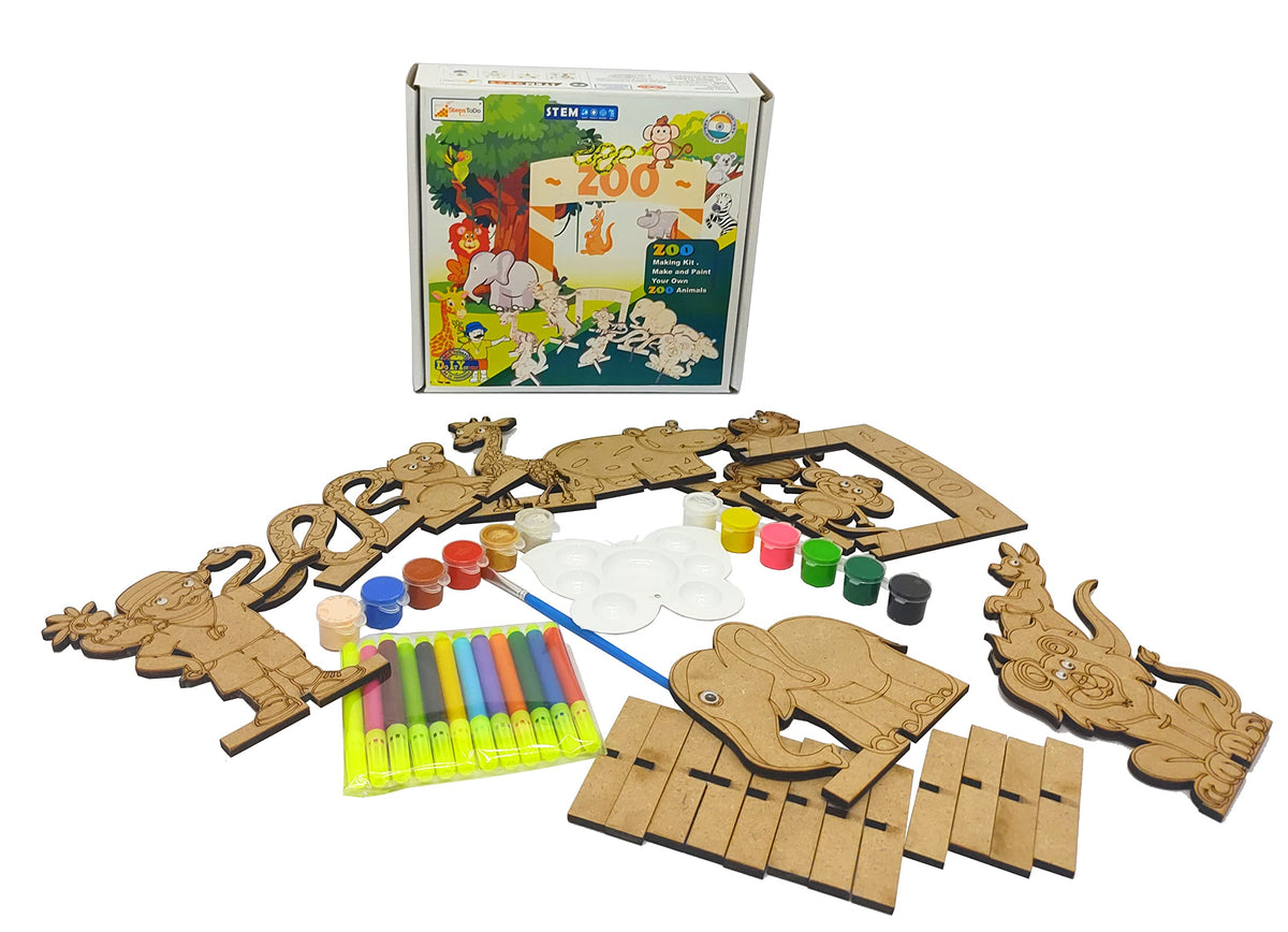 Wooden Zoo Painting Kit – 10 Animals, Ringmaster, Banner, 12 Colours & 12 Pens