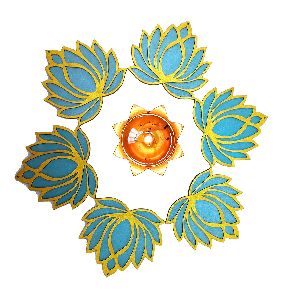 Wooden Lotus Cutouts – Set of 6, Golden & Ocean Blue