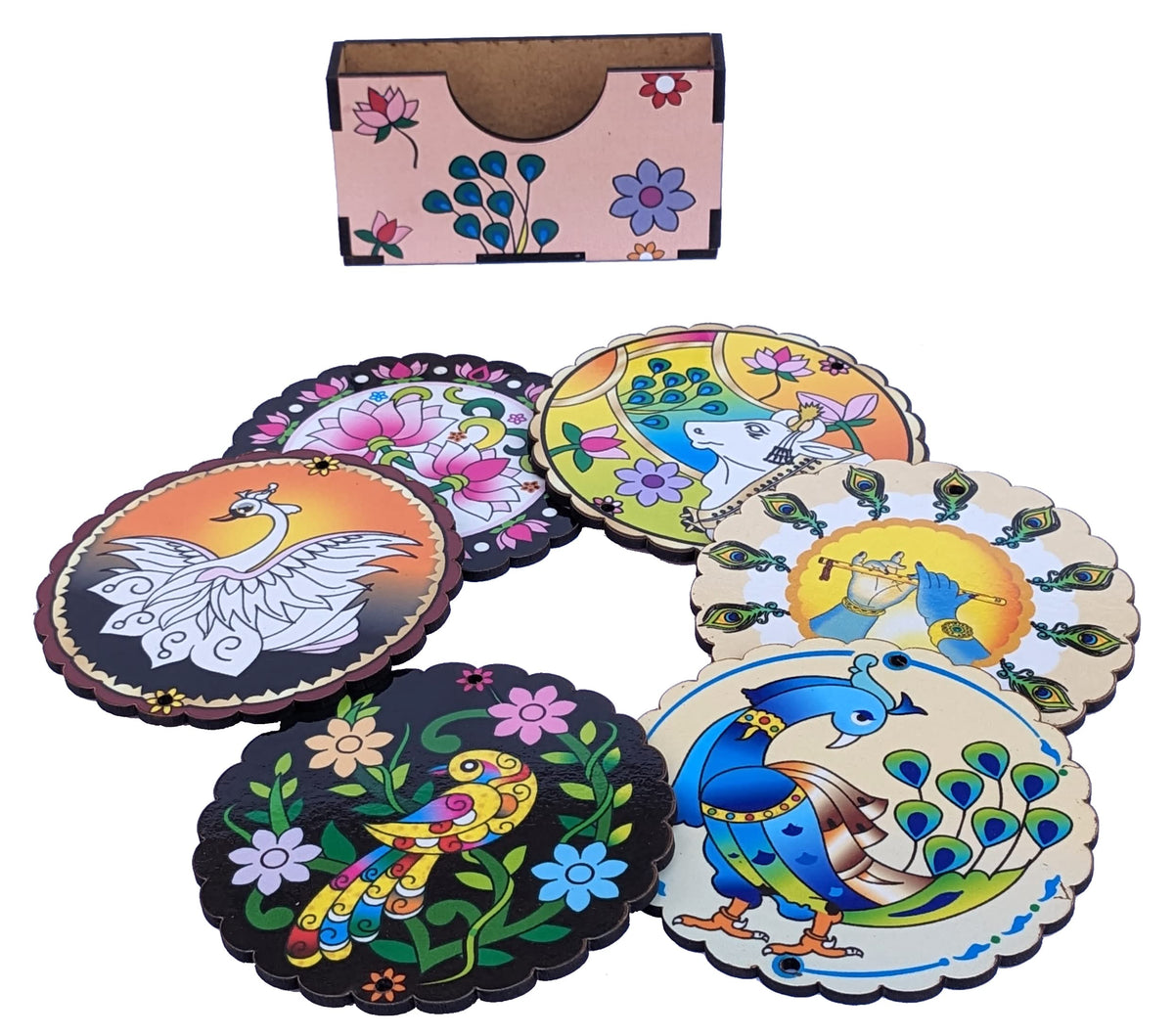 Pichwai Art Printed Wooden Coasters with Holder – Set of 6