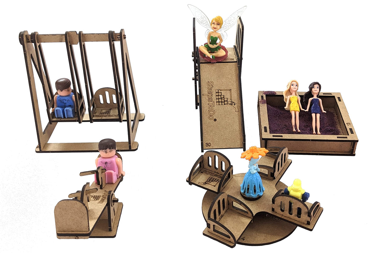 Wooden Doll Playground Build-and-Paint Kit – Slide, Swing, Seesaw & Sandtray