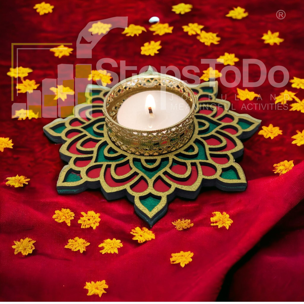 Hand-Painted Wooden Tealight Holder (Diya Stand) – Type 1, 4 Inch