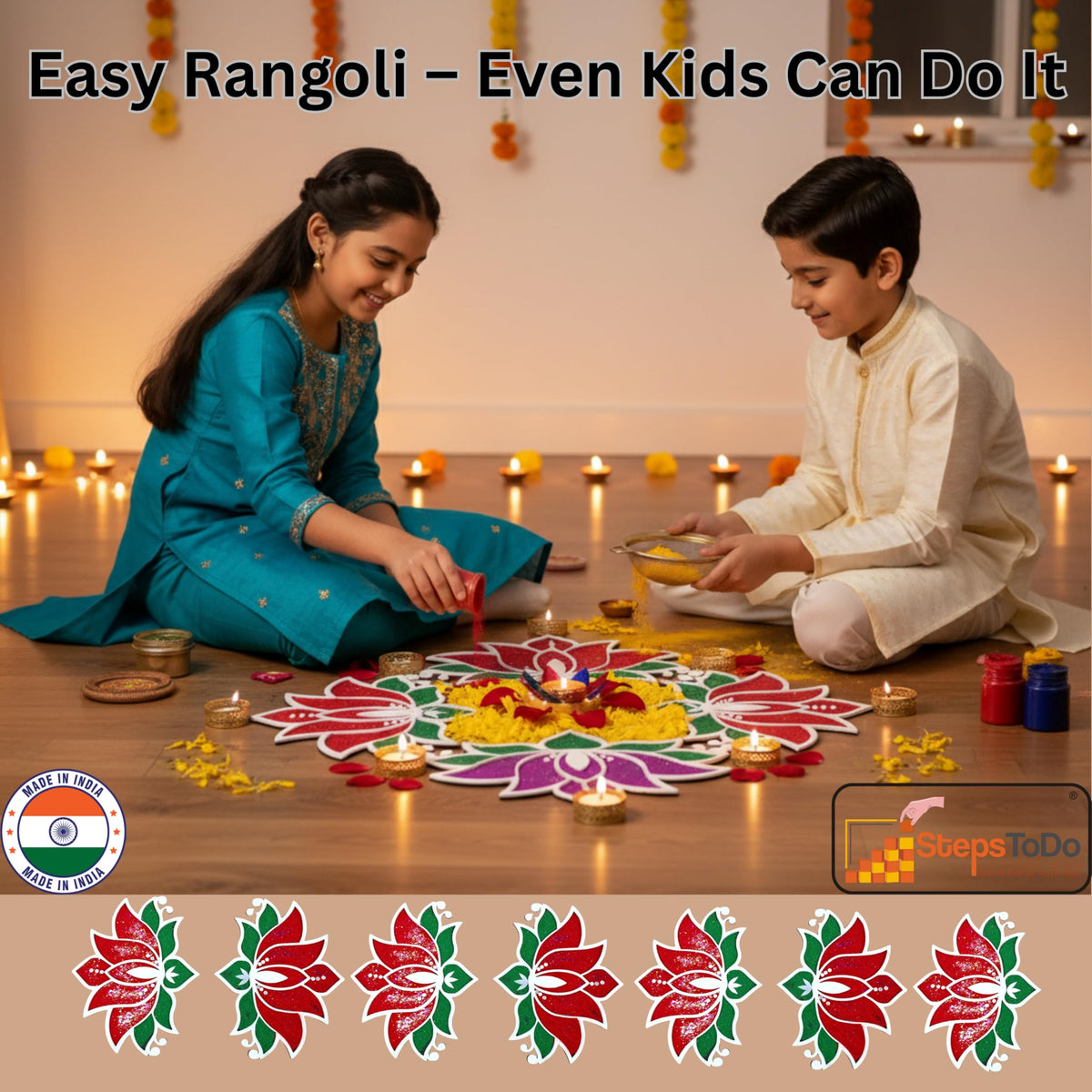 Floating Lotus Rangoli Mats – Set of 4, 10 × 8 Inch