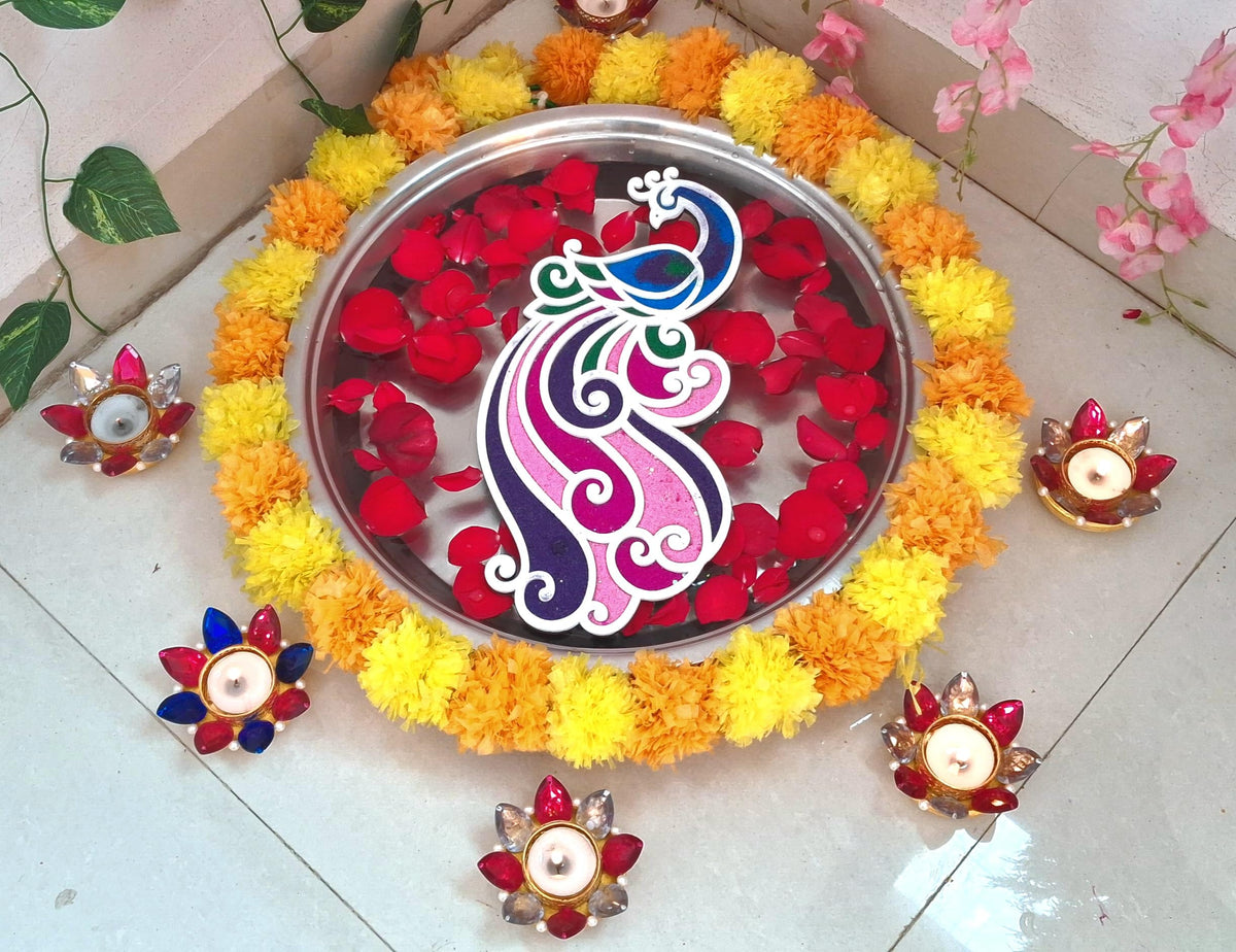 Floating Rangoli Set of 8 – Peacocks, Lotus, Diyas & Laxmi Foot Mats (Reusable)