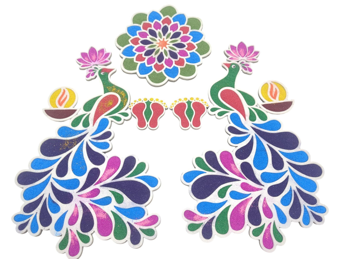 Peacock & Mandala Floating Rangoli – 9 Pieces with Lotus, Diya & Laxmi Paduka