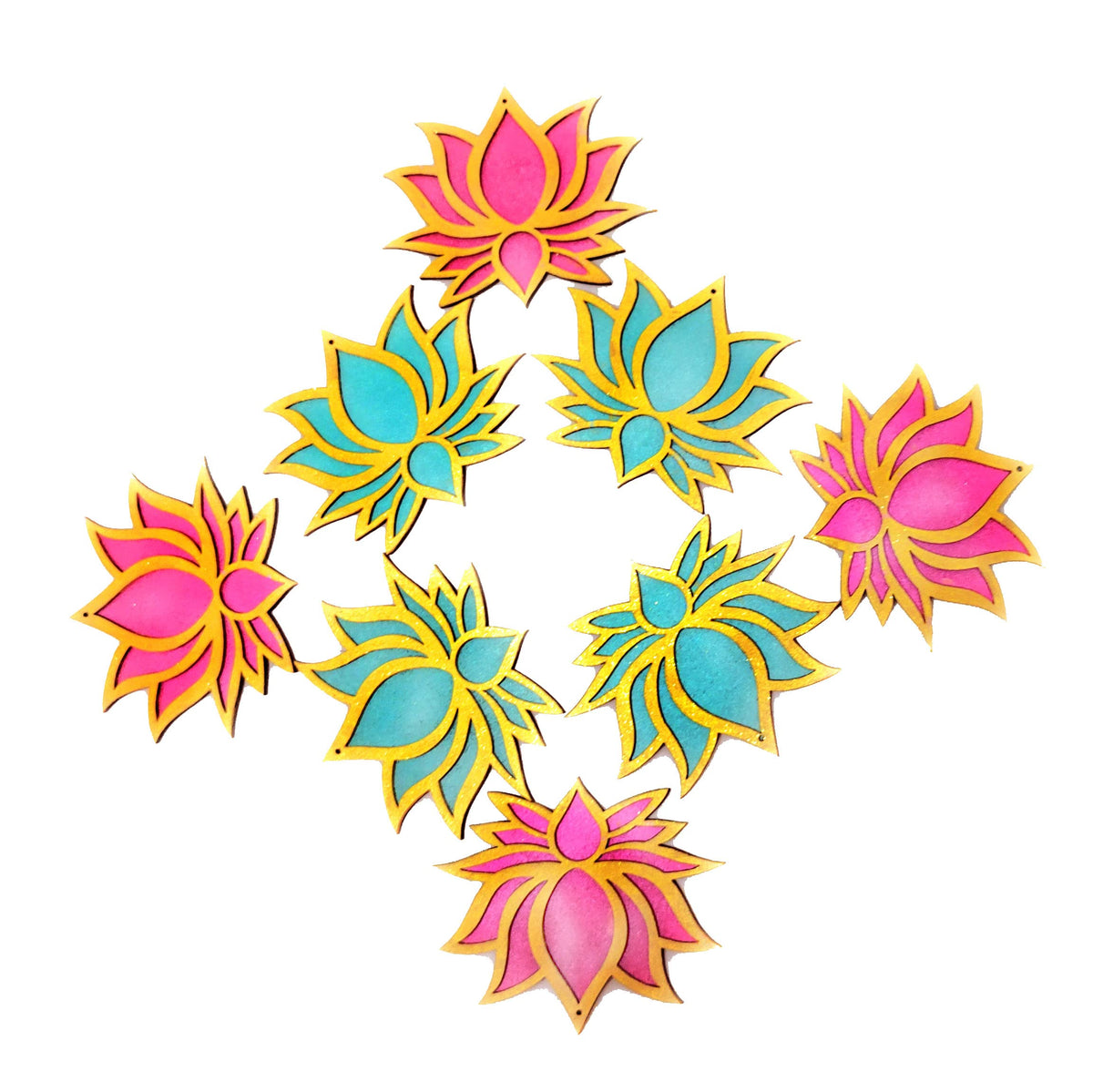 Golden-Framed Wooden Lotus Cutouts – 12 Pieces, 6 Rose Pink & 6 Ocean Blue