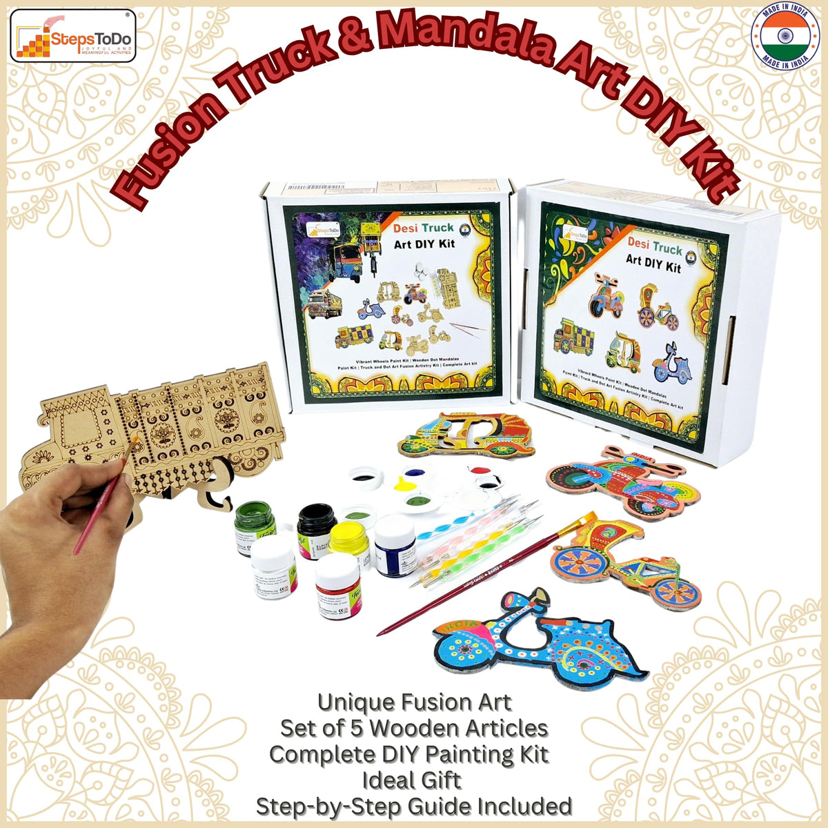 Mandala & Truck Art Fridge Magnet Kit – 5 Wooden Cutouts, Paints, Tools & Stand