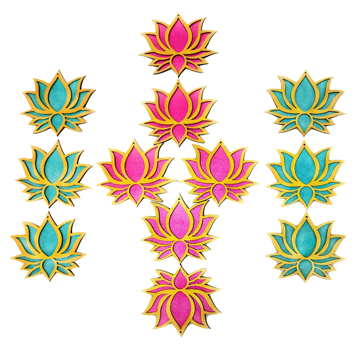 Golden-Framed Wooden Lotus Cutouts – 12 Pieces, 6 Rose Pink & 6 Ocean Blue
