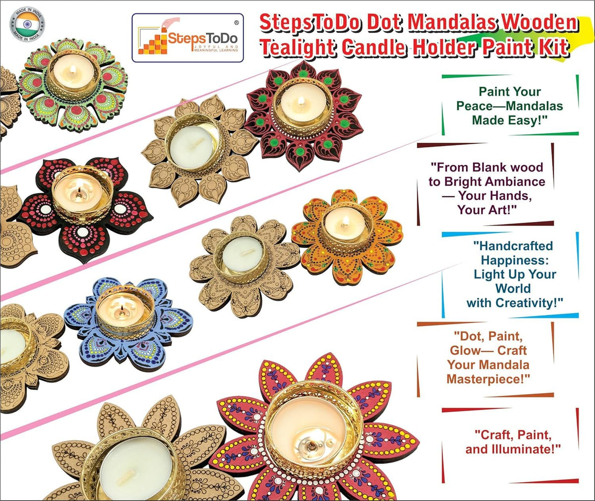 Dot Mandala Tealight Painting Kit – 6 Flower Bases, Tools, Paints & Candles