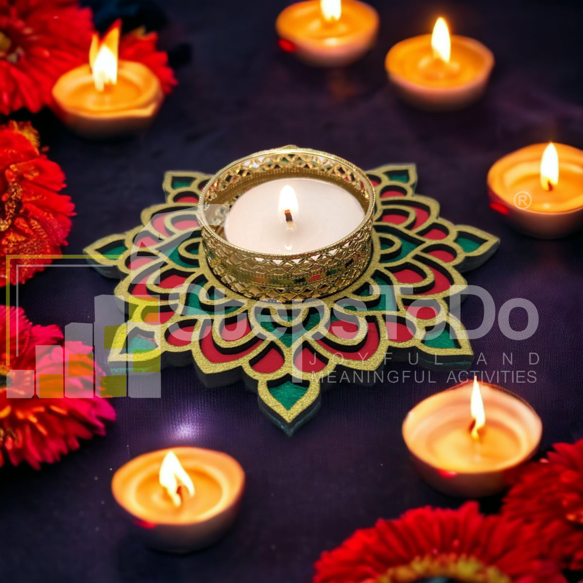 Hand-Painted Wooden Tealight Holder (Diya Stand) – Type 1, 4 Inch
